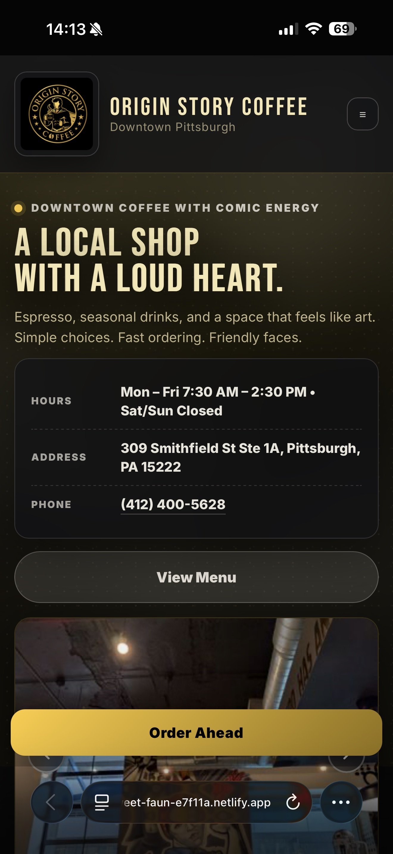 Mobile Origin Story Coffee hero section with hours, address, phone, menu, carousel, and order button
